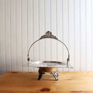 Vintage Silver Plated Bridal Basket, Silver Pedestal Tray with Handle